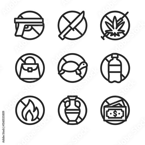 Prohibited Items Icons. Outline icon set of prohibited and restricted items: firearms, knives, illicit drugs, counterfeit goods,
