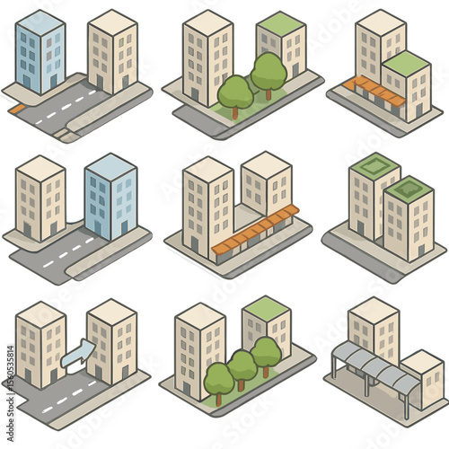 Urban Design Icon Set. Isometric Flat icon set of urban canyon design strategies: widened street section, narrow building spacing,