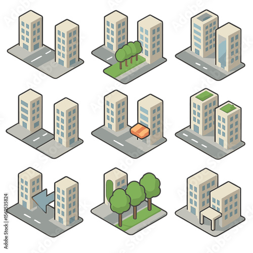 Urban Design Icon Set. Isometric Flat icon set of urban canyon design strategies: widened street section, narrow building spacing,