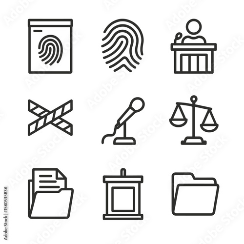 Prosecution Evidence Icons. Outline icon set of Prosecution evidence presentation: evidence bag, fingerprint, witness stand,