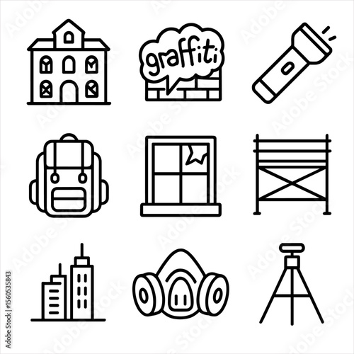 Urban Exploration Icons. Outline icon set of urban exploration: abandoned building, graffiti wall, flashlight, backpack, broken