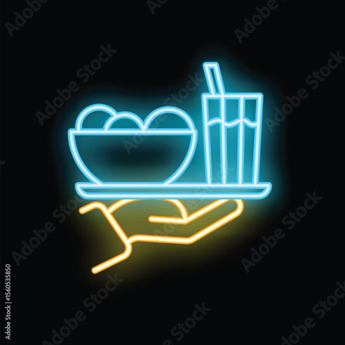 Neon glowing icon of a hand holding a tray with food and drink, perfect for restaurants and bars