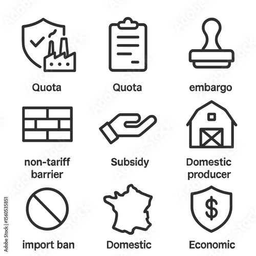 Protectionism Icon Set. Outline icon set of protectionist measures: shield shielded factory, quota clipboard, embargo stamp,