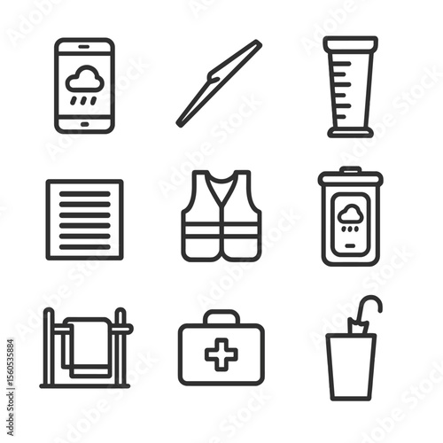 Rainy Day Essentials Icons. Outline icon set of practical rainy weather essentials: weather app phone, windshield wiper, rain