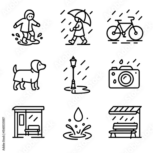 Rainy Day Icons. Outline icon set of fun outdoor rain activities: puddle splash, umbrella stroll, rain-soaked bicycle, dog in
