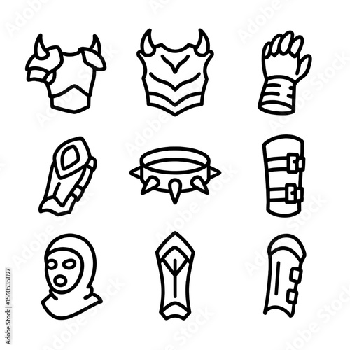 Villain Armor Icon Set. Outline icon set of Villain Armor and Protective Gear: shoulder pauldron, chest plate, gauntlet, knee