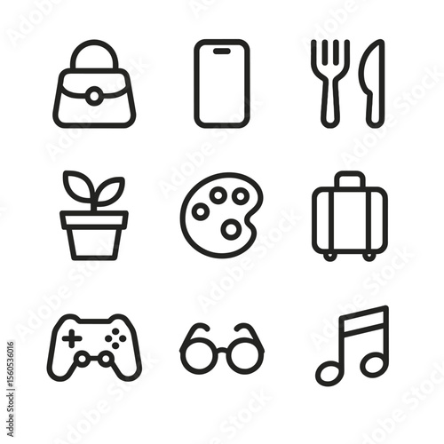 Recipient Personas Icons. Outline icon set of recipient personalities: fashionista handbag, tech gadget, foodie fork & knife,