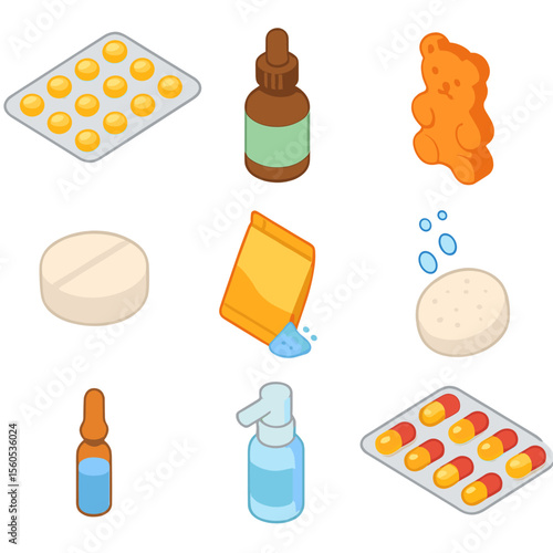 Vitamin Supplement Icons. Isometric Flat icon set of vitamin supplement forms and packaging: blister pack, dropper bottle, gummy