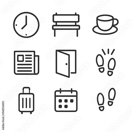 Waiting Alone Icons. Outline icon set of waiting alone: clock face, bench, empty coffee cup, newspaper, open door, echoing