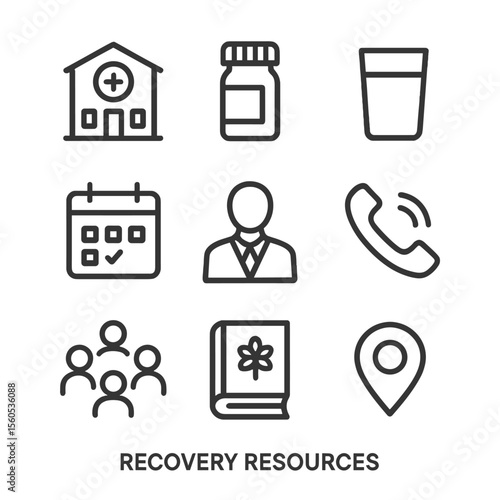Recovery Icons Set. Outline icon set of recovery resources: rehab center building, pill bottle, water glass, appointment calendar,