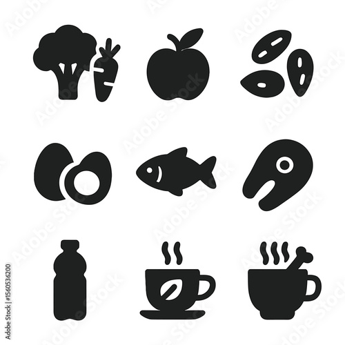 Fasting Diet Icons. Solid, filled icon set of fasting diet foods: vegetables, fruits, nuts, eggs, fish, lean meat, water, herbal