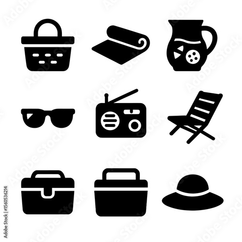 Father's Day Picnic Icons. Solid, filled icon set of Father’s Day picnic essentials: picnic basket, blanket, lemonade pitcher,