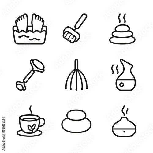 Relaxation Icons Set. Outline icon set of relaxation treatments: foot soak basin, massage roller, hot stone, jade roller, scalp