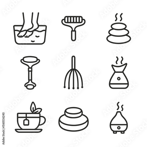 Relaxation Icons Set. Outline icon set of relaxation treatments: foot soak basin, massage roller, hot stone, jade roller, scalp