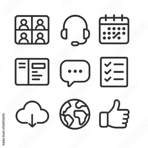 Remote Management Icons. Outline icon set of remote team management essentials: video conference grid, headset microphone, shared