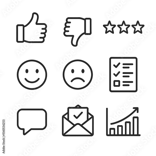 Feedback Icon Set. Outline icon set of feedback and satisfaction line: thumbs up, thumbs down, star rating, smiley face, frowning
