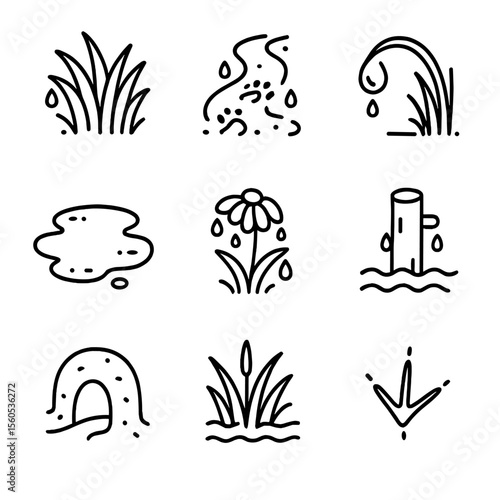 Wetland Icon Set. Outline icon set of wet prairie and grasslands: saturated grass tuft, muddy buffalo trail, dew-laden blade,