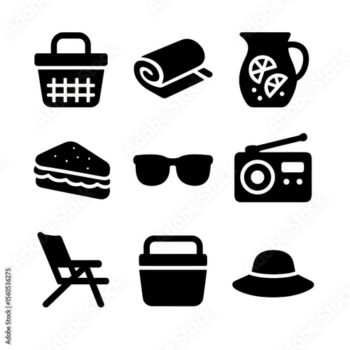 Father's Day Picnic Icons. Solid, filled icon set of Father’s Day picnic essentials: picnic basket, blanket, lemonade pitcher,