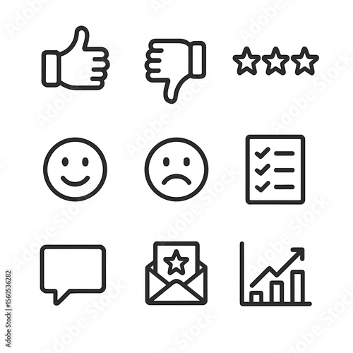 Feedback Icon Set. Outline icon set of feedback and satisfaction line: thumbs up, thumbs down, star rating, smiley face, frowning