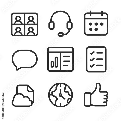 Remote Team Icons. Outline icon set of remote team management essentials: video conference grid, headset microphone, shared