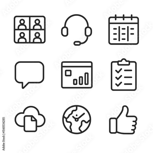 Remote Team Icons. Outline icon set of remote team management essentials: video conference grid, headset microphone, shared