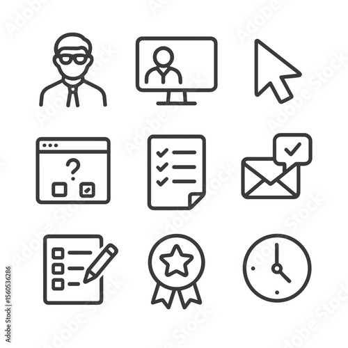 Remote Tutoring Icons. Outline icon set of remote tutoring tools: tutor avatar, screen share monitor, pointer cursor, quiz pop-up,