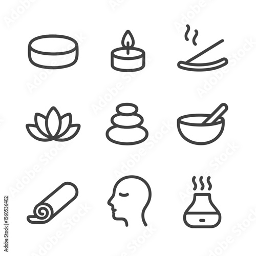 Yoga Icon Set. Outline icon set of yoga and meditation candle ambiance: meditation cushion, tealight candle, incense stick, lotus
