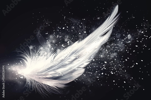 Beautiful white feather floating in air isolated on black background.