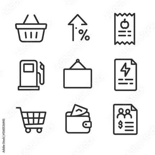 Rising Costs Icon Set. Outline icon set of rising consumer prices: shopping basket, percentage arrow up, grocery receipt, gas pump
