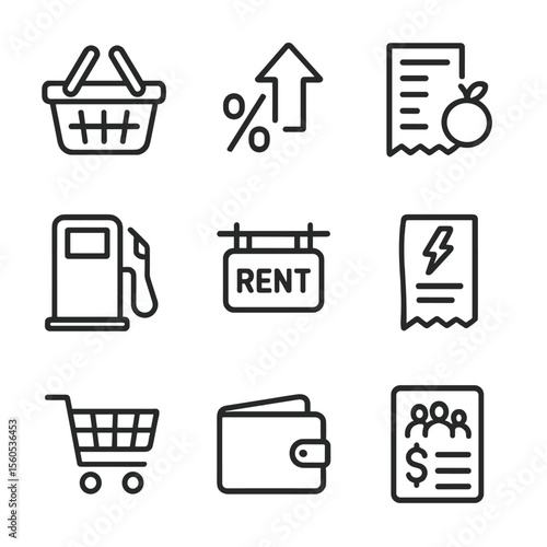 Rising Costs Icon Set. Outline icon set of rising consumer prices: shopping basket, percentage arrow up, grocery receipt, gas pump