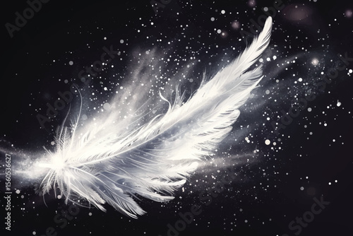 Beautiful white feather floating in air isolated on black background.
