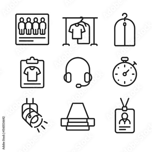 Runway Prep Icons. Outline icon set of runway presentation prep: model lineup chart, backstage clothing rack, garment bag, fitting