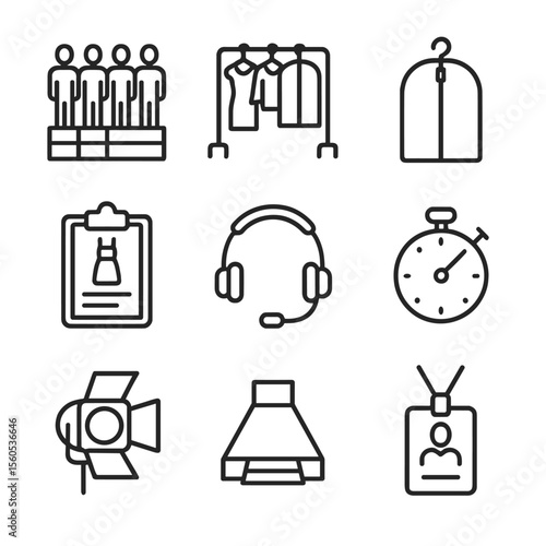 Runway Prep Icons. Outline icon set of runway presentation prep: model lineup chart, backstage clothing rack, garment bag, fitting