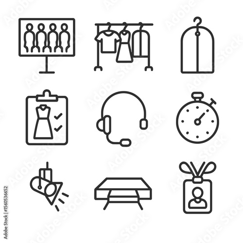 Runway Icon Set. Outline icon set of runway presentation prep: model lineup chart, backstage clothing rack, garment bag, fitting