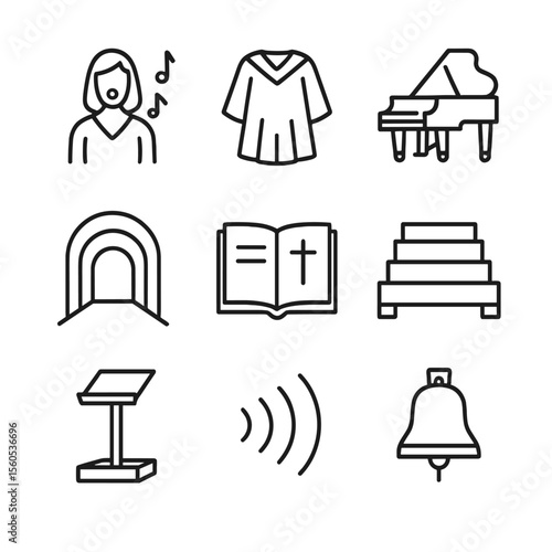 Sacred Music Icons. Outline icon set of sacred music performance: soprano soloist, choir robes, grand piano, acoustic arches, hymn