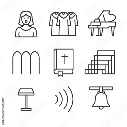 Sacred Music Icons. Outline icon set of sacred music performance: soprano soloist, choir robes, grand piano, acoustic arches, hymn
