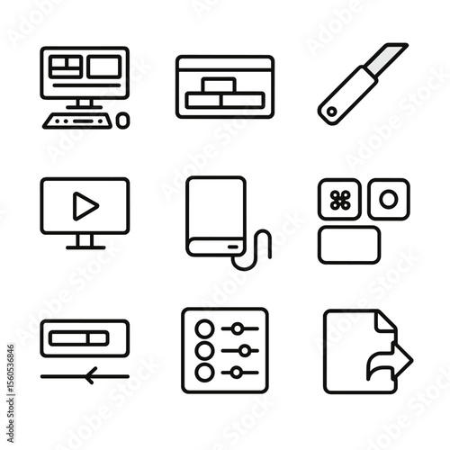 Film Editing Icons. Outline icon set of Film Editing Suite: editing workstation, timeline interface, cutting blade, playback