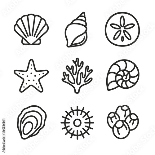 Seashell Icon Collection. Outline icon set of seashell and coral collections: scallop shell, conch shell, sand dollar, starfish,