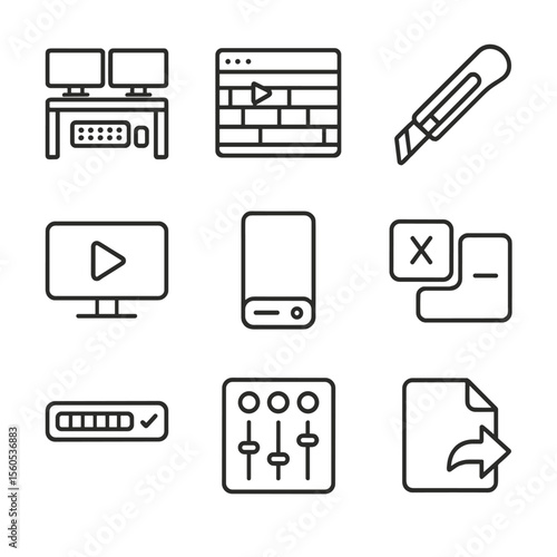 Film Editing Icons. Outline icon set of Film Editing Suite: editing workstation, timeline interface, cutting blade, playback