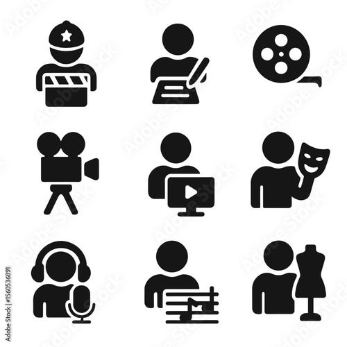 Filmmaker Roles Icons. Solid, filled icon set of independent filmmaker roles: director, screenwriter, producer, cinematographer,