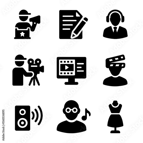 Filmmaker Roles Icons. Solid, filled icon set of independent filmmaker roles: director, screenwriter, producer, cinematographer,