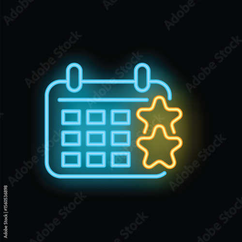 Neon calendar icon showing stars representing important dates on black background