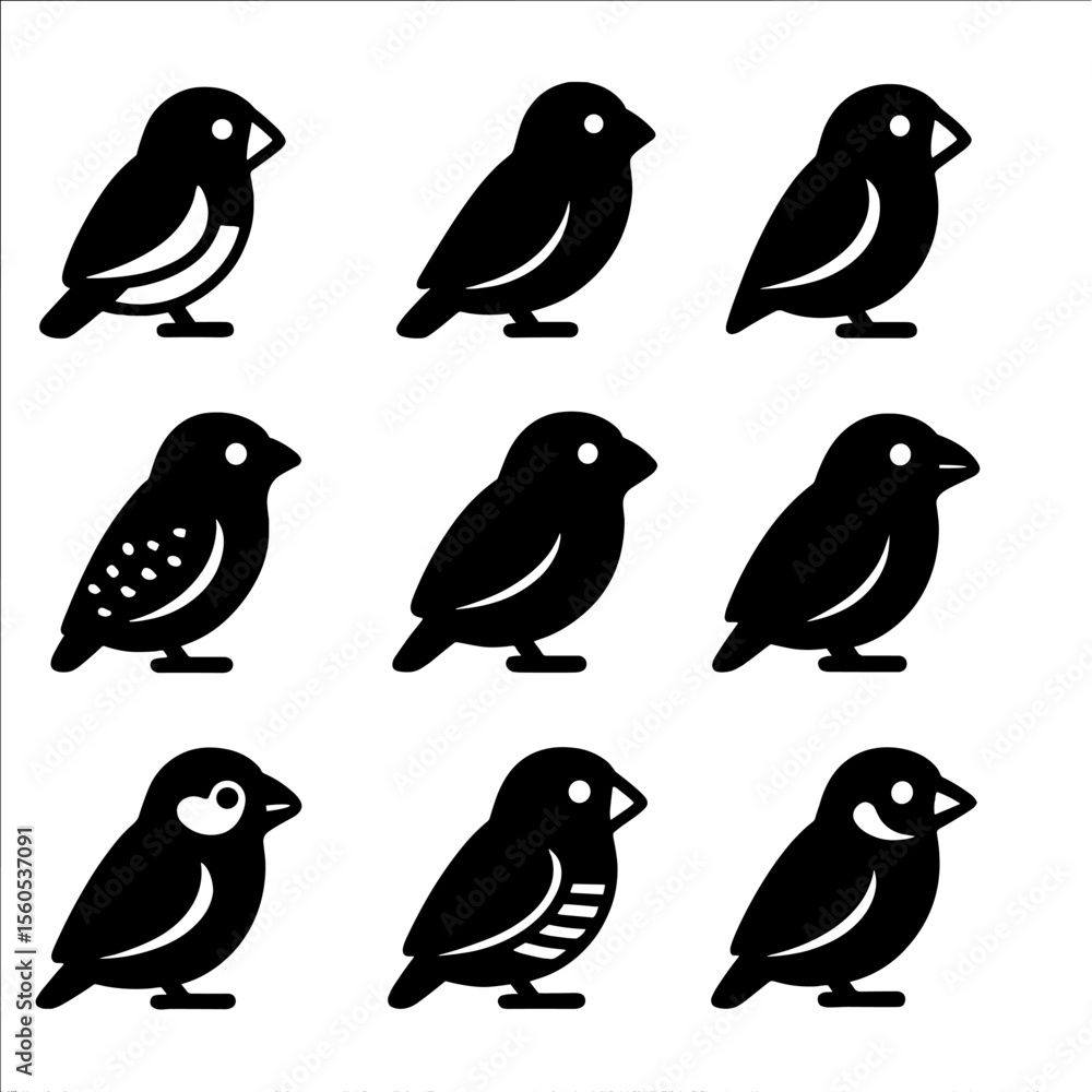 Obraz premium Finch Icon Grid. Solid, filled icon set of finch species diversity: zebra finch, society finch, Gouldian finch, spice finch,