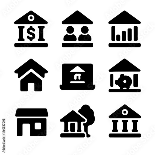 Financial Institution Icons. Solid, filled icon set of financial institutions: central bank, credit union, investment bank,