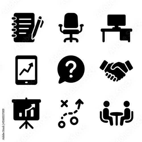 Financial Planning Icons. Solid, filled icon set of financial planning sessions: notepad with pen, advisor chair, office desk,