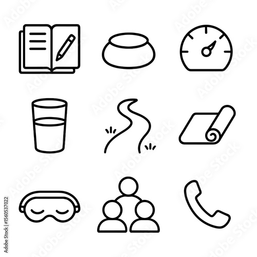 Self-Care Icon Set. Outline icon set of client self-care activities: journal, meditation cushion, stress meter, water glass,