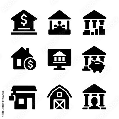 Financial Institution Icons. Solid, filled icon set of financial institutions: central bank, credit union, investment bank,