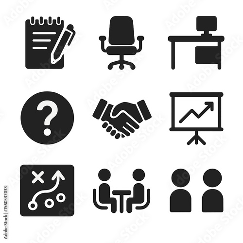 Financial Planning Icons. Solid, filled icon set of financial planning sessions: notepad with pen, advisor chair, office desk,
