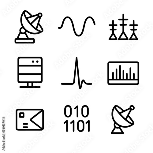 SETI Signal Icon Collection. Outline icon set of SETI signal detection: radio telescope dish, signal wave, antenna array, computer