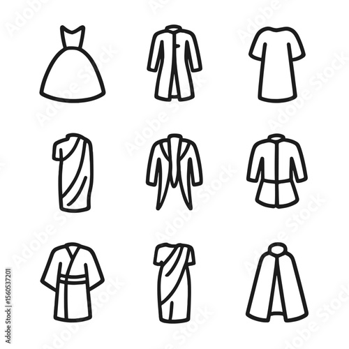 Silhouette Style Icons. Outline icon set of silhouette styles: ball gown outline, frock coat shape, tunic drape, toga wrap,